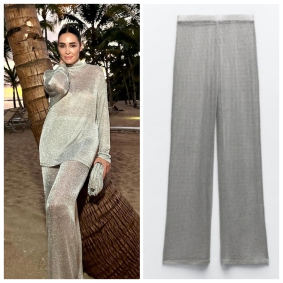 New Zara Pull-On High Waisted Mesh Metallic Fishnet Silver Swim Cover-Up Pants - Picture 1 of 13
